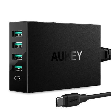 AUKEY Quick Charge 3.0 Wall charger 5 ports Charging Station, a Quick Charge 3.0 USB C   4 USB Ports with AiPower Adaptive Charging Technology(Black)