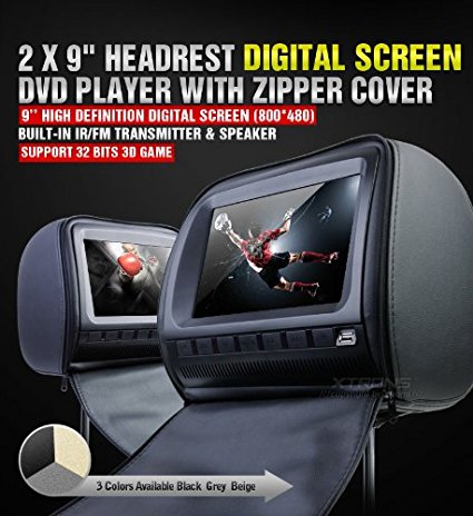 XTRONS Black 2x Twin Car Headrest DVD Player 9" HD Screen USB Sd Slot Game IR Headsets