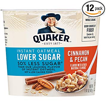 Quaker Instant Oatmeal Express Cups 50% Less Sugar, Cinnamon Pecan, 1.41 Ounce (Pack of 12)