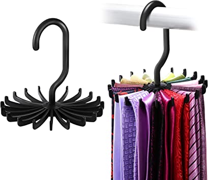 IPOW 2 Pack 360 Degree Rotating Twirl Tie Rack Adjustable Tie Belt Hanger Holder Hook Ties for Closet Organizer Storage (4.4"black)