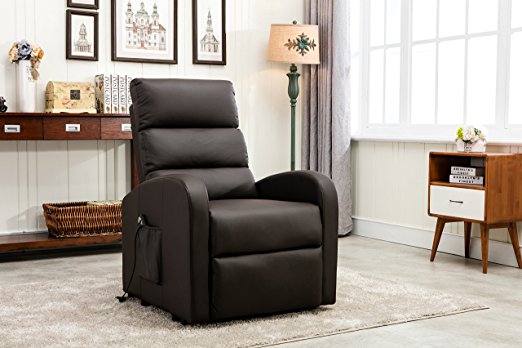 Divano Roma Furniture - Classic Plush Bonded Leather Power Lift Recliner Living Room Chair (Brown)