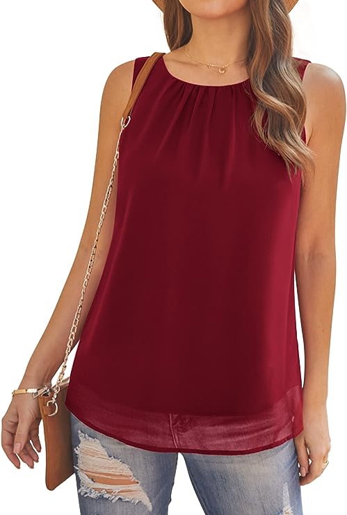 AWULIFFAN Tank Tops for Women Sleeveless Round Neck Tops Casual Pleated Double Layers Chiffon Blouse Shirts