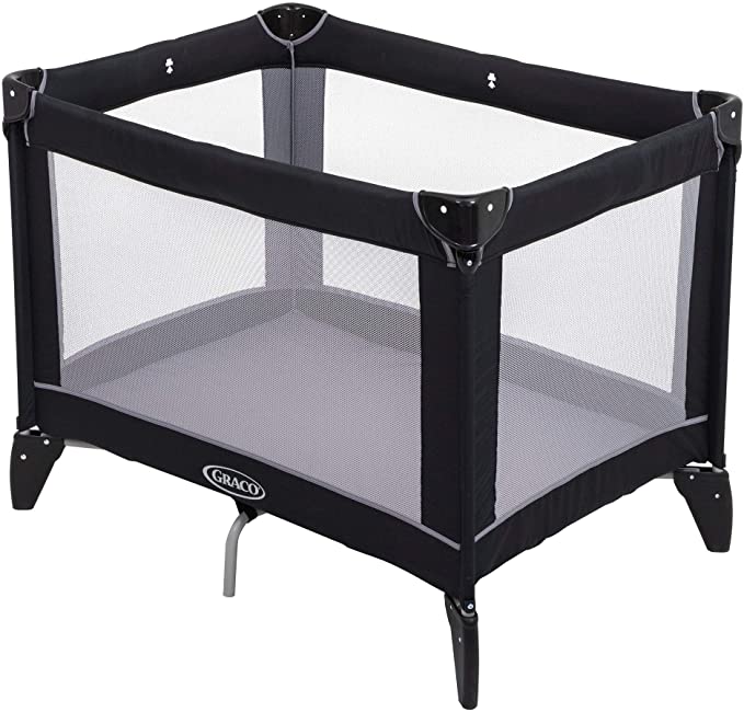 Graco Compact Travel Cot (Birth to 3 Years Approx.) with Signature Graco Push-Button Fold, Includes Carry Bag, Black/Grey