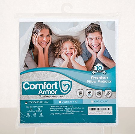 Comfort Armor Pillow Protector Standard Size (1) Premium Hypoallergenic Bed Bug Proof Zippered