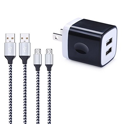 Phone Charging Block, FiveBox 2.1A Dual Port Charger Box Base USB Wall Charger Cube Brick Plug With 2-Pack 6ft Micro USB Cable Charger Cord For Samsung Galaxy S6/S7 Edge J3 J7, HTC, Moto X, Android