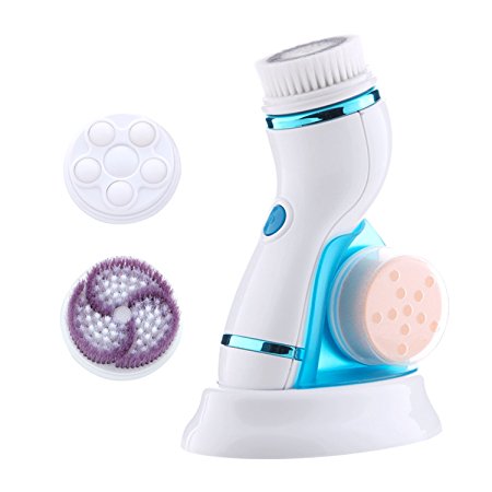 Waterproof 4 in 1 Rechargeable 2 Speeds Electric Facial & Body Cleansing Brush for Face Exfoliator Cleanser Massager Scrubber (Blue)