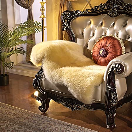Single Pelt (2×3 ft) Premium New Zealand Sheepskin Area Rug Beige, Natural Fur Chair Cover Long Pile Wool Floor Carpet for Living Room Bedroom