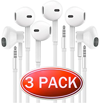 Headphones with Microphone, Certified PowerBoost Stereo Flat Wired 3.5mm In-Ear Earphones Control Crystal Sound Earbuds for iPhone iPad iPod Laptop Tablet Android LG HTC Smartphones (White) 3 Pack