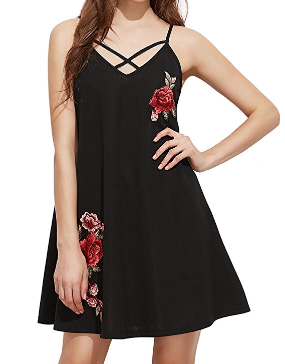 Romwe Women's Summer Sleeveless Loose Casual Floral Embroidered A Line Dress