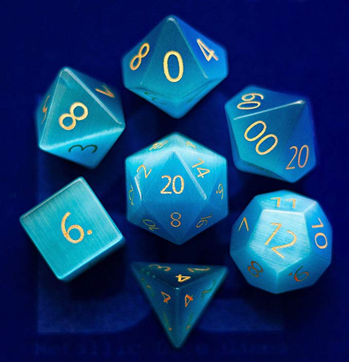 Engraved Cat's Eye Aquamarine Gemstone Polyhedral Dice Set: Hand Carved Full-Sized 16mm. Great for DND RPG Dungeons and Dragons