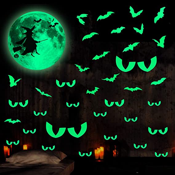 Konsait 54pcs Halloween Glow in The Dark Stickers Luminous Witch Moon Bats Peeping Eyes Wall Stickers Window Ceiling Wall Decals for Nursery Baby Kids Bedroom Halloween Bedroom Party Gift