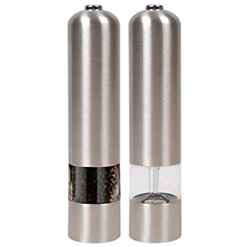 2 x Pepper Mill, Hapilife Electronic Stainless Steel Salt & Pepper Mill Grinder Set with LED Light Silver