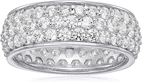 Platinum or Gold Plated 3-Row Round-Cut Pave Band Ring set with Swarovski Zirconia