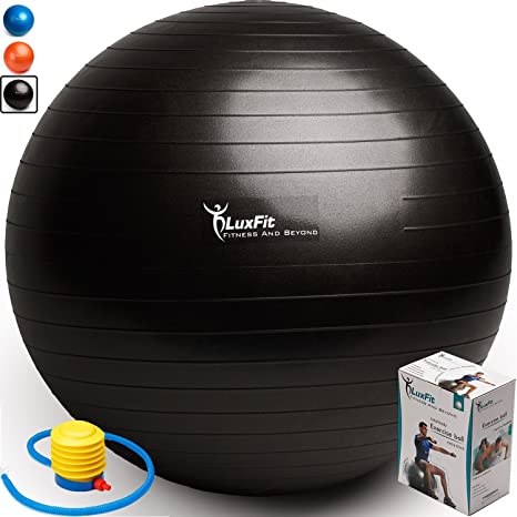 LuxFit Exercise Ball, Premium Extra Thick Yoga Ball '2 Year Warranty' - Swiss Ball Includes Foot Pump. Anti-Burst - Slip Resistant! 45cm, 55cm, 65cm, 75cm, 85cm Size Fitness Balls