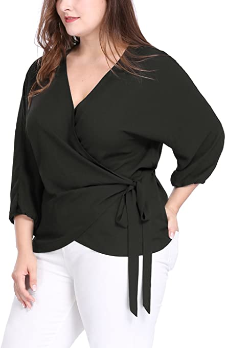 uxcell Women's Plus Size Tie-Belt V-Neck Wrap Chiffon Top