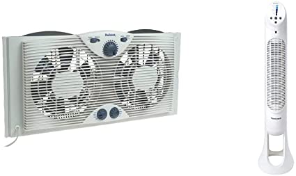 Holmes Dual 8" Blade Twin Window Fan with Manual Controls, 3 Speed Settings, White & Honeywell Quiet Set Whole Room Tower Fan