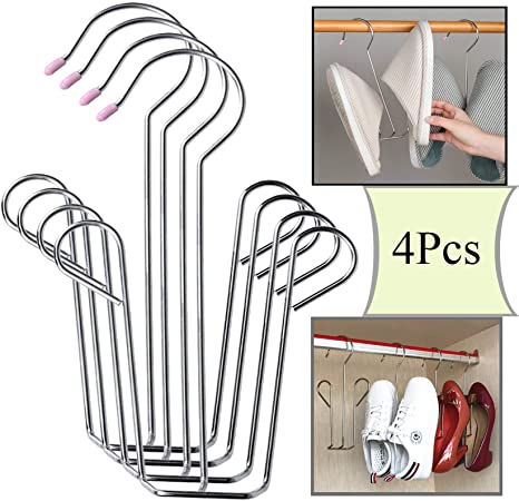 4 Pack Stainless Steel Shoes Hanger Drying Rack for Dehumidifying Hanging Leather Shoes,Double Hook Design Drying Shelf Storage Organizer,Closet Organizer Storage