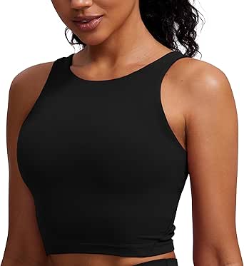 CRZ YOGA Womens High Neck Longline U Back Padded Crop Workout Tank Top Sports Bra