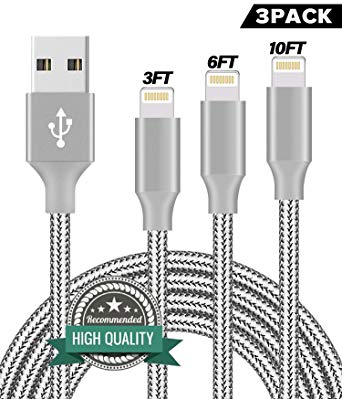 Youer Phone Cable 3Pack 3FT 6FT 10FT Nylon Braided USB Charging & Syncing Cord Compatible with Phone Xs Max, XR, X, 8, 7, Plus, 6, 6S, 6 Plus, 5, 5C, 5S, SE - Grey
