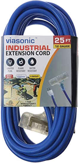 Viasonic 3 Outlet Premium Outdoor Extension Cord ETL listed - Super Heavy Duty & Durable - 12 Gauge - .15AMP-125V-1875W - Industrial Blue Cord, Premium Lighted Plug, by Unity (25 Ft)