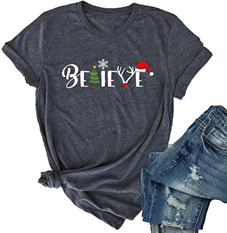 Christmas Believe Tree Shirt Cute Short Sleeve Christmas Graphic Tee Shirts Tops for Women Christmas Shirts with Sayings
