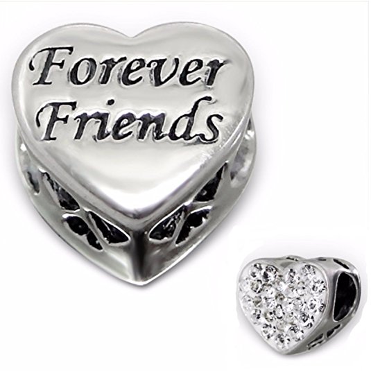 Silvadore - Silver Bead - ''Forever Friends'' Engraved Heart Plaque Mini Cut Crystal Cz Back - 925 Sterling Charm 3D Slide On 589 - Fits Pandora European Bracelet - Free Gift Boxed