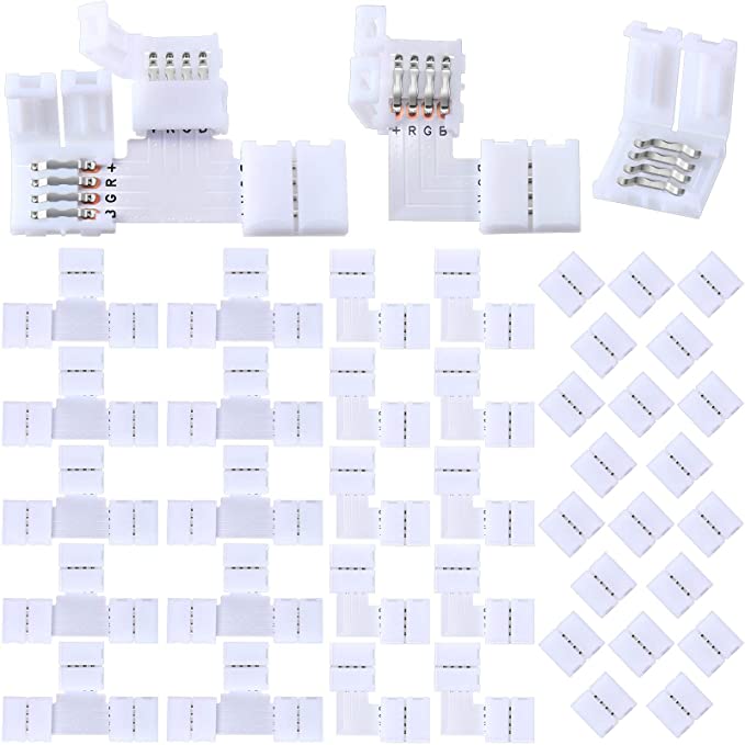 40 Pieces LED Strip Lights Connectors 4-Pin RGB Strip Lights Connector T-Shape Solderless LED Adapter Light Connectors L-Shape 10 mm Solderless Connector for 5050 RGB Strip Light