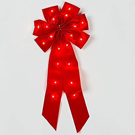 Mr. Light Pre-lit Red Fabric Bow with White LEDs - Outdoor Battery Box and Hidden Electronic 24/6 hr Timer