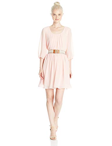 A. Byer Juniors Scoop Neck Elbow Sleeve Belted Dress, Peony, S