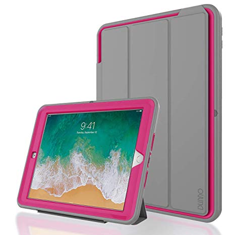 New iPad 9.7 2017/2018 case-DUNNO Grid Non Slip Surface Three Layer Heavy Duty Full Body Protective Case for Apple iPad 9.7 2017, iPad (5th Generation) (Grey/Rose)