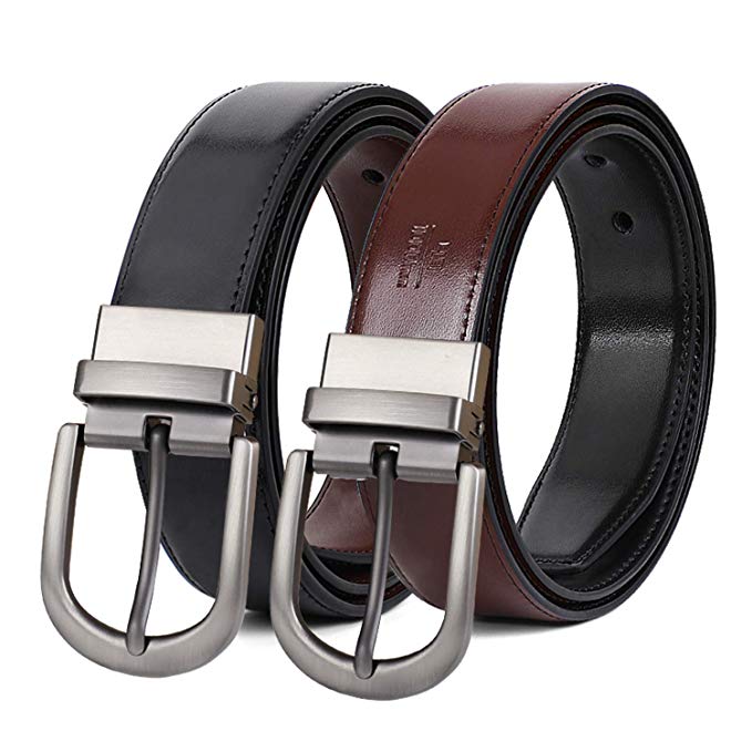 Reversible Men's Belt, Brown/Black Leather Dress Belts with Silver Reverse Buckle Belt Wide 1.3 inche