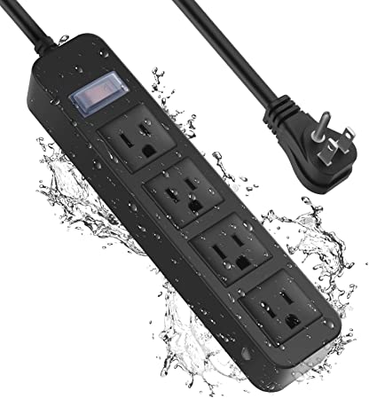 Black Waterproof Power Strip,Outdoor Power Strip,Power Outlet Socket,4 AC Outlets Socket with Switch Electric Shockproof Overload Protection for Baby Room Bathroom Kitchen Garden