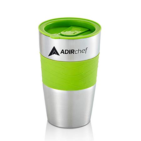AdirChef Travel Mug 15 Oz - Insulated BPA Free Stainless Steel Vacuum Tumbler w/Spill Proof Slide Lid for Hot/Cold Drinks Great for Outdoor, Driving, Home or Office Use (Sour Green)