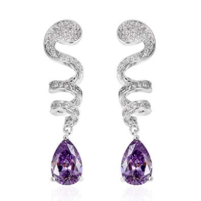 Goldtone/Silvertone Pear Cubic Zirconia CZ Dangle Drop Spiral Earrings Jewelry for Women Cttw 4.9 (Champagne/White/Purple)