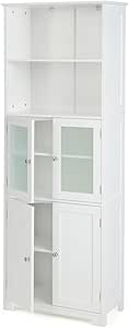 COSTWAY Tall Bathroom Storage Cabinet, Freestanding Kitchen Pantry Cabinet with Glass Doors and Adjustable Shelf, 64” Wooden Linen Floor Cabinet for Bathroom, Living Room, Kitchen (White)