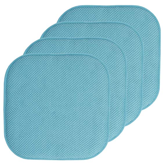 Sweet Home Collection Chair Cushion Memory Foam Pads Honeycomb Pattern Slip Non Skid Rubber Back Rounded Square 16" x 16" Seat Cover, 4 Pack, Teal