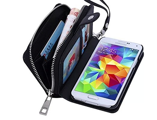 Dreams Mall 2 in 1 PU Leather Wallet Purse Case Protection for Samsung Galaxy S5 with Stand Flip Cover and Strap, Black