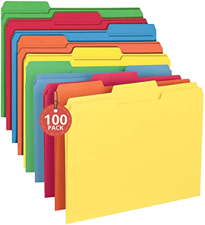 1InTheOffice Assorted Colors File Folders Top-Tab File Folders, 3 Tab, 5 Assorted Colors, Letter Size, 100/Pack