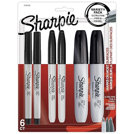 Sharpie Permanent Markers, 6 Pack Assorted Sizes, Ultra Fine Tip, Fine Tip and Chisel Tip Permanent Markers - Black