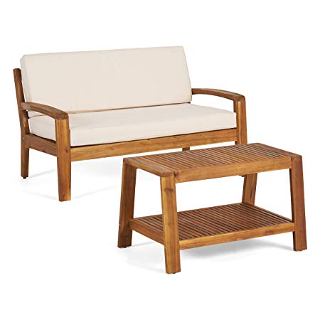 Great Deal Furniture Christian Outdoor Teak Finished Acacia Wood Loveseat and Coffee Table Set with Beige Water Resistant Cushions