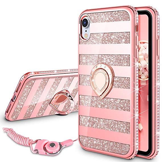 VEGO Case Compatible with iPhone XR 6.1 inches, iPhone XR Glitter Case Bling Sparkly Fashion Diamond Rhinestone with Kickstand Ring Grip Holder for Girls Women for iPhone XR (Stripe Rose Gold)