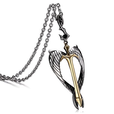Aienid Cross Necklace, Stainless Steel Angel Wing Sword Pendant for Men Chain