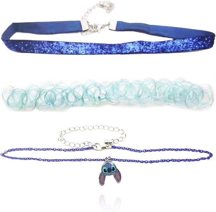 Disney Girls Lilo & Stitch Necklace Trio 3-Piece Choker Set w/ 1 Stretch Necklace & 2 12" 3" Necklaces - Officially Licensed