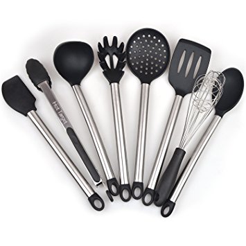 Super Solid 8 Pieces Cooking Utensils Set With Non Stick Silicone Tips and Stainless Still For Pots and Pans - Serving Tongs, Spoon, Spatula Tools, Slotted Turner, Pasta Server, Ladle, Strainer, Whisk