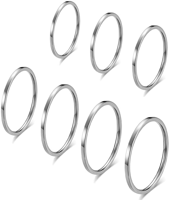 INRENG 7pcs 1mm Stainless Steel Women's Plain Band Thin Knuckle Stacking Midi Rings Comfort Fit Size 3 to 9