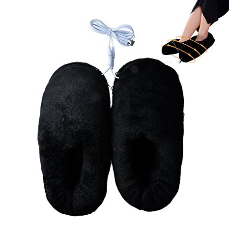 Lifemall Unisex Furry Heated Warm Slippers with USB port, Electric Heating Cotton Shoes (Black)