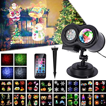 Christmas Projector Lights,16 Slides Waterproof Outdoor Water Wave & Rotating Gobos Double Projection Light Decoration Landscape Projector Light with Remote Control for Xmas Holiday