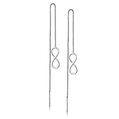 Rhodium Plated 925 Sterling Silver Open Infinity Threader Long Dangle Earrings, Thin Bar Backing