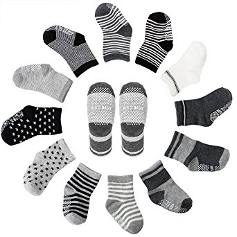 6 Pairs Anti Slip Soft Cotton Ankle Toddler Socks Non Skid Grip Walkers Crew Socks for Baby Boys Girls 12-36 Months