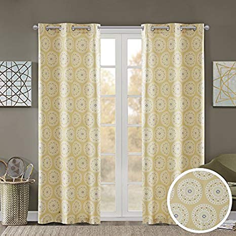 Room Darkening Curtains for Bedroom - Printed Medallion Inka Window Curtains Pair - Yellow - 42x63 Inch Panel - Foam Back Energy Saving Curtains for Living Room - Grommet Top - Include 2 Panels